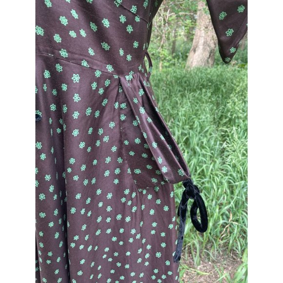 Vintage 1940s Brown Polished Cotton Floral Dress Art Deco - Picture 8 of 16